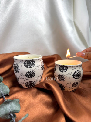 Soy Candle in Ceramic Pot styled in front of soft curtain backdrop for elegant home decor aesthetic