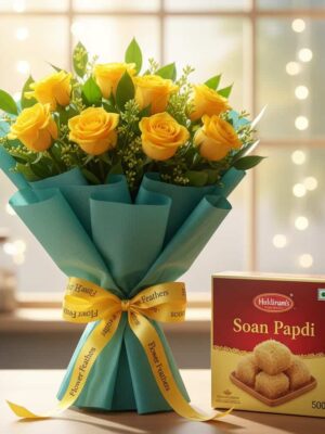 Fresh Yellow Roses Bouquet with Haldiram Soan Papdi Gift Combo for Delivery in Mumbai