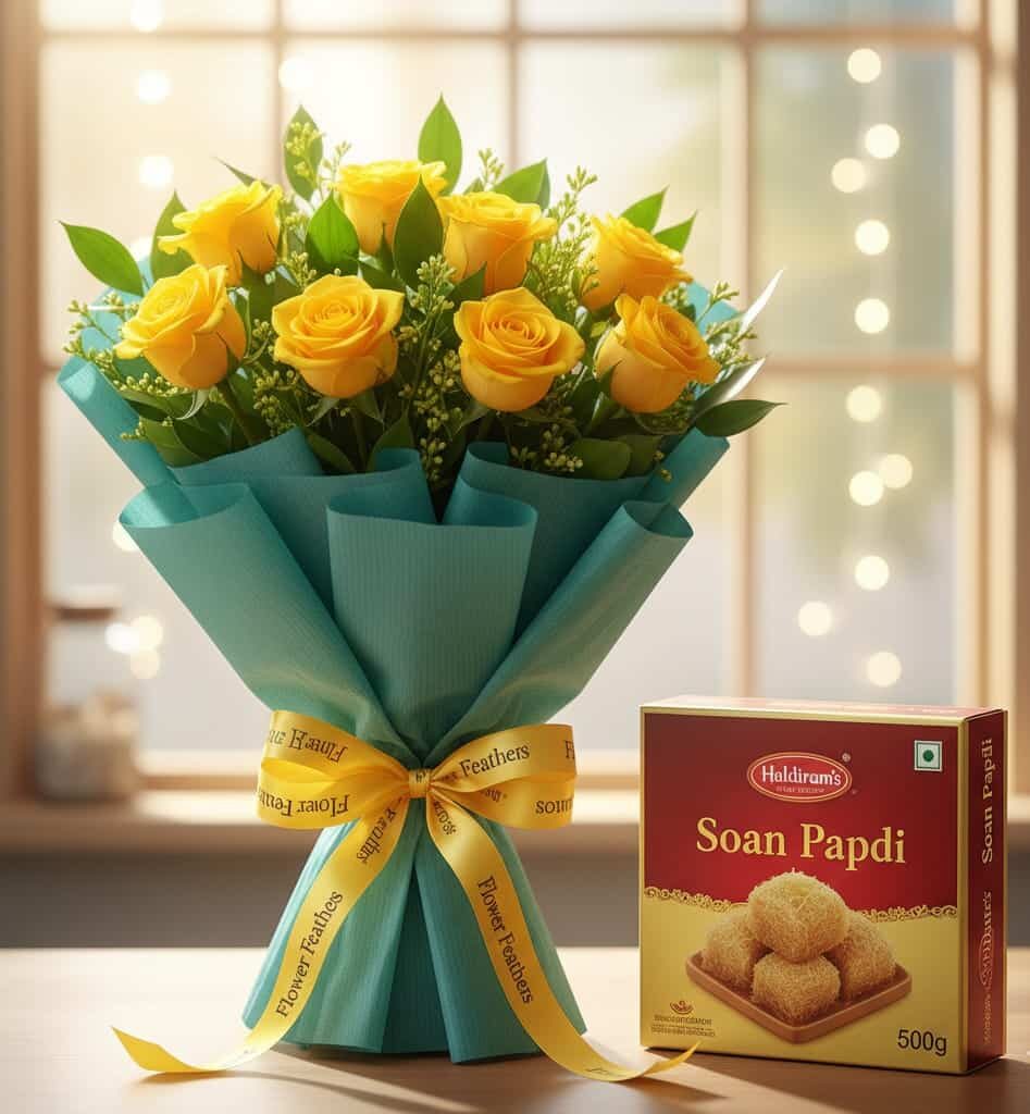Fresh Yellow Roses Bouquet with Haldiram Soan Papdi Gift Combo for Delivery in Mumbai