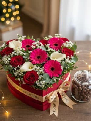 Flower gift box with chocolates – elegant tall bouquet with red roses, gerbera, Calla lilies, and chocolate-coated almonds