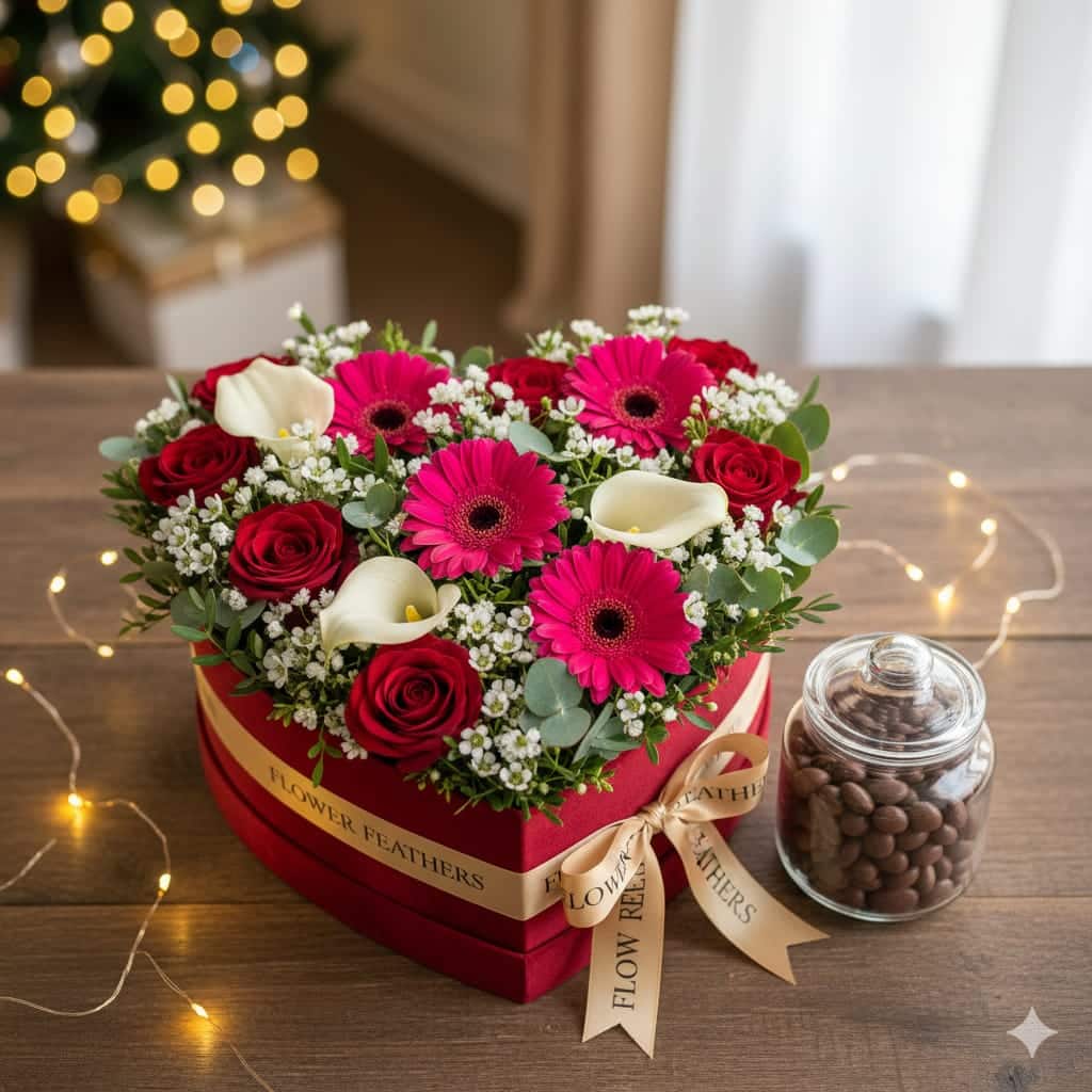 Flower gift box with chocolates – elegant tall bouquet with red roses, gerbera, Calla lilies, and chocolate-coated almonds