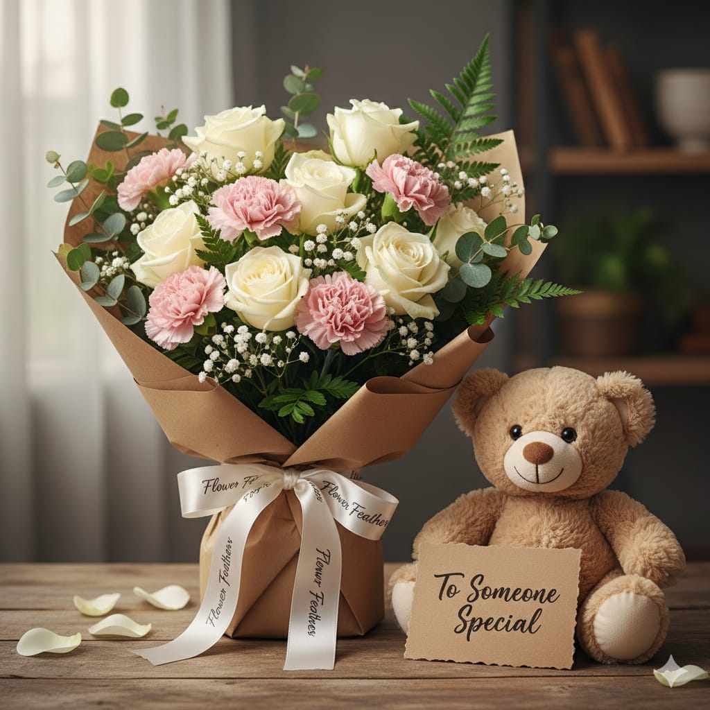 Flower bouquet with teddy bear featuring white roses, pink carnations, and a greeting card.