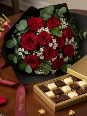 Roses and gift combo online with red rose bouquet and premium assorted chocolate box