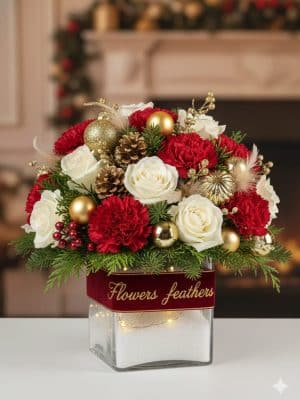 Luxury Christmas floral centerpiece with white roses, red carnations, and festive gold accents in glass cube
