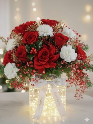 Festive Christmas flower arrangement with red roses, white carnations, and illuminated glass base