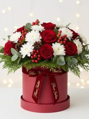 Luxury red flower arrangement with red roses, white chrysanthemums, and premium box design