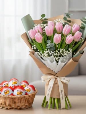 Flower bouquet gift hamper online with pink tulips and Kinder Joy hamper