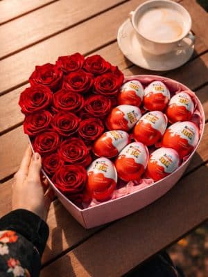 Luxury Heart Shape Red Roses & Kinder Joy Chocolate Box