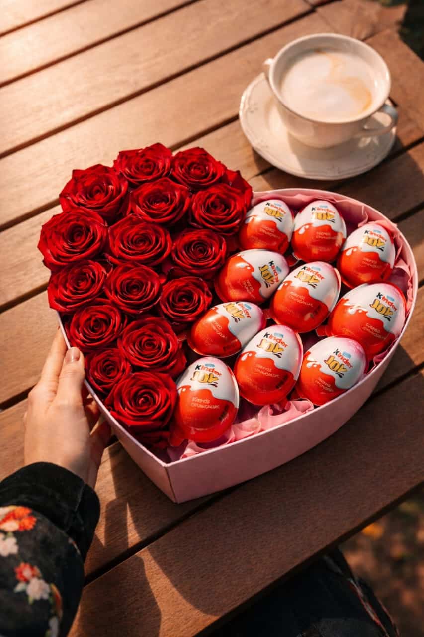 Luxury Heart Shape Red Roses & Kinder Joy Chocolate Box