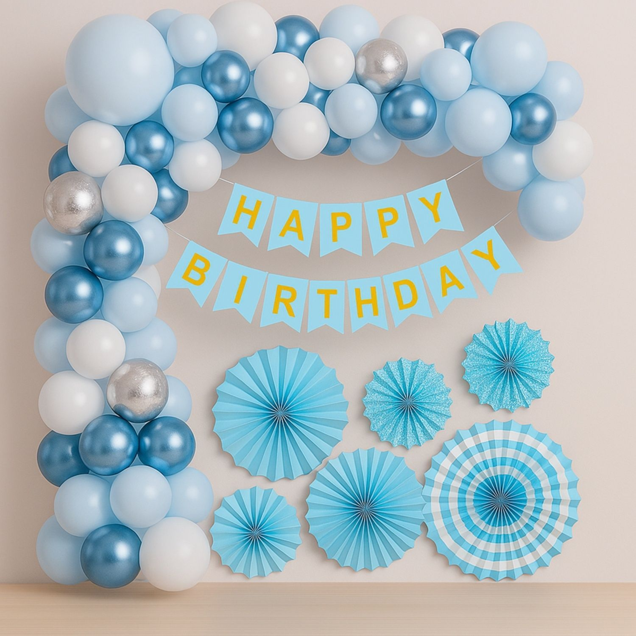 blue and white balloon decoration