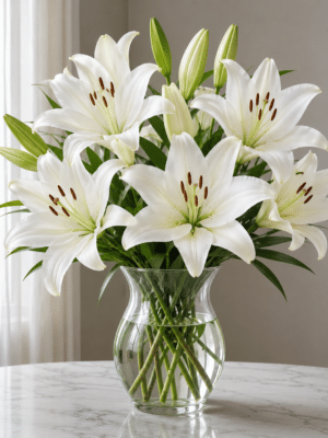 White Asiatic Lilies arranged in a clear glass vase for flower delivery in Mumbai