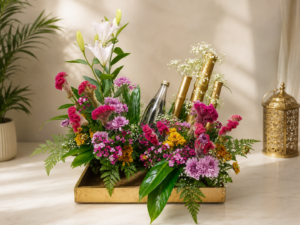 Customized drink bottle with white lilies, pink celosia, chrysanthemums, and decorative golden bamboo floral arrangement