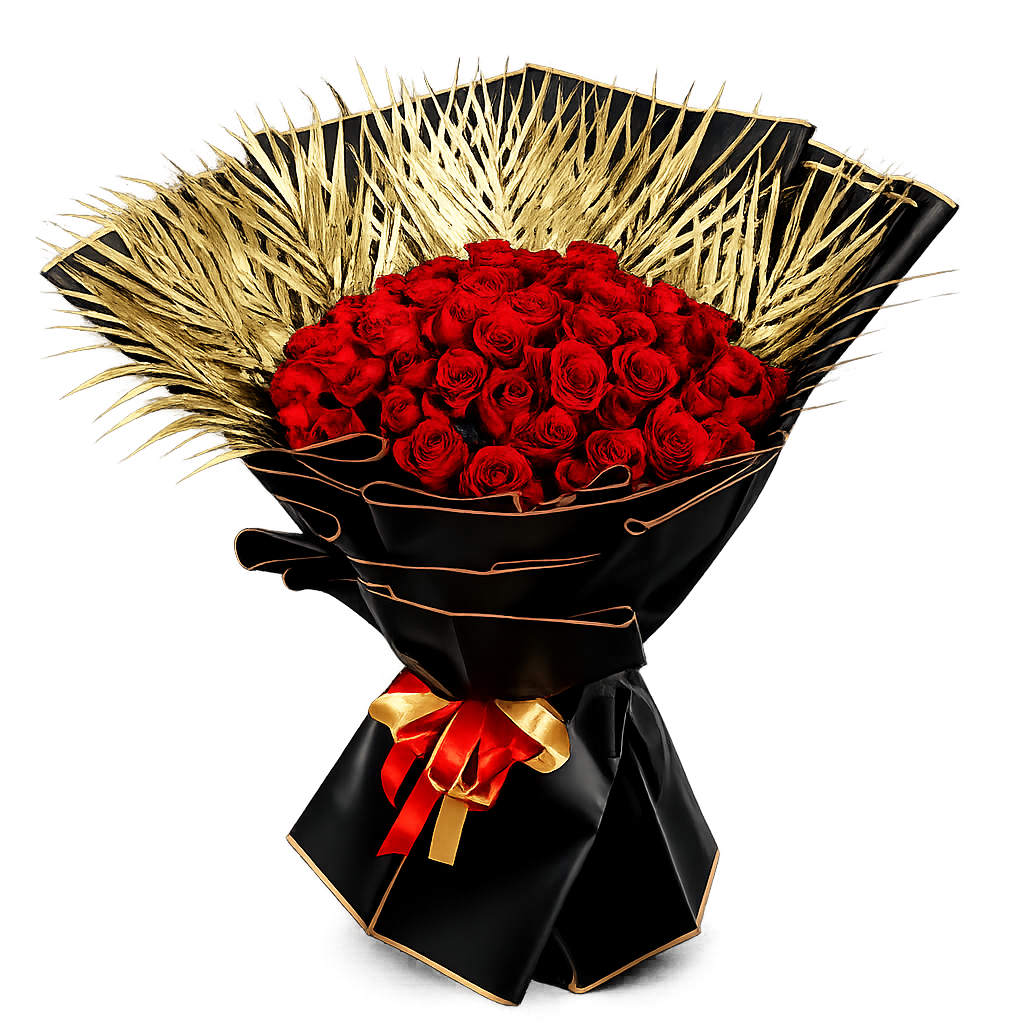 Luxury bouquet fresh red roses with black wrapping and golden palm leaves