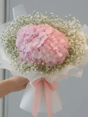 Pink Hydrangea flower hand bunch with white gypso