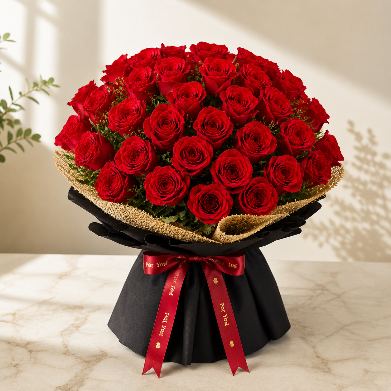 Premium fresh red roses bouquet with elegant black wrapping, burlap finish, and satin ribbon for romantic occasions in Mumbai