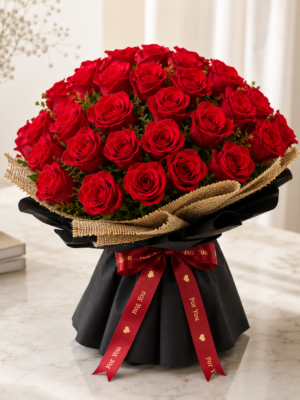 Premium fresh red roses bouquet with elegant black wrapping, burlap finish, and satin ribbon for romantic occasions in Mumbai