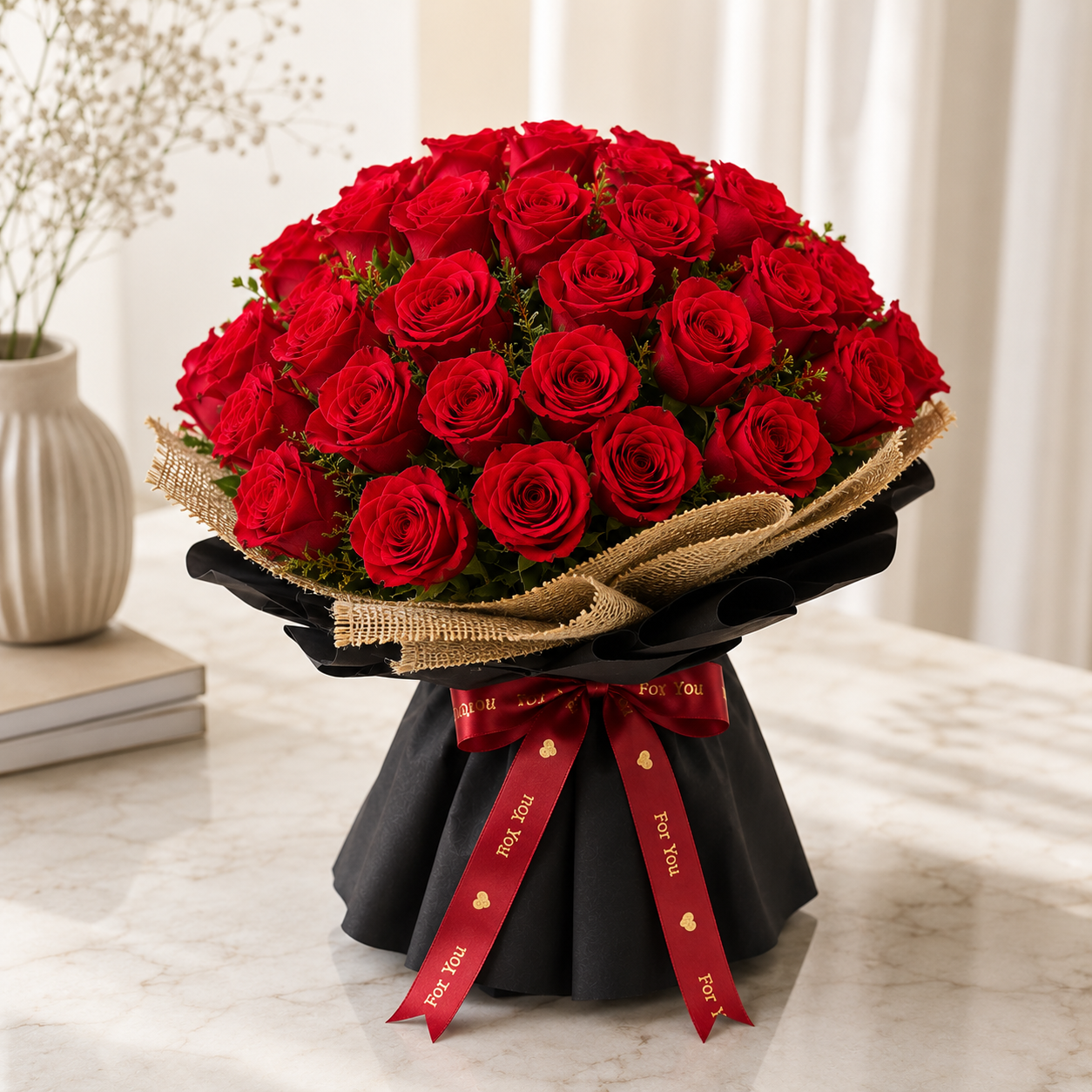 Premium fresh red roses bouquet with elegant black wrapping, burlap finish, and satin ribbon for romantic occasions in Mumbai