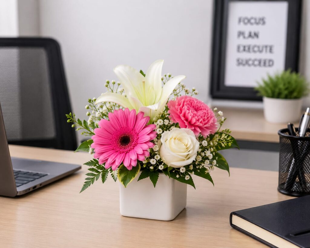Office desk flower arrangement with pink gerbera, white lily, white rose, and carnation in a ceramic vase