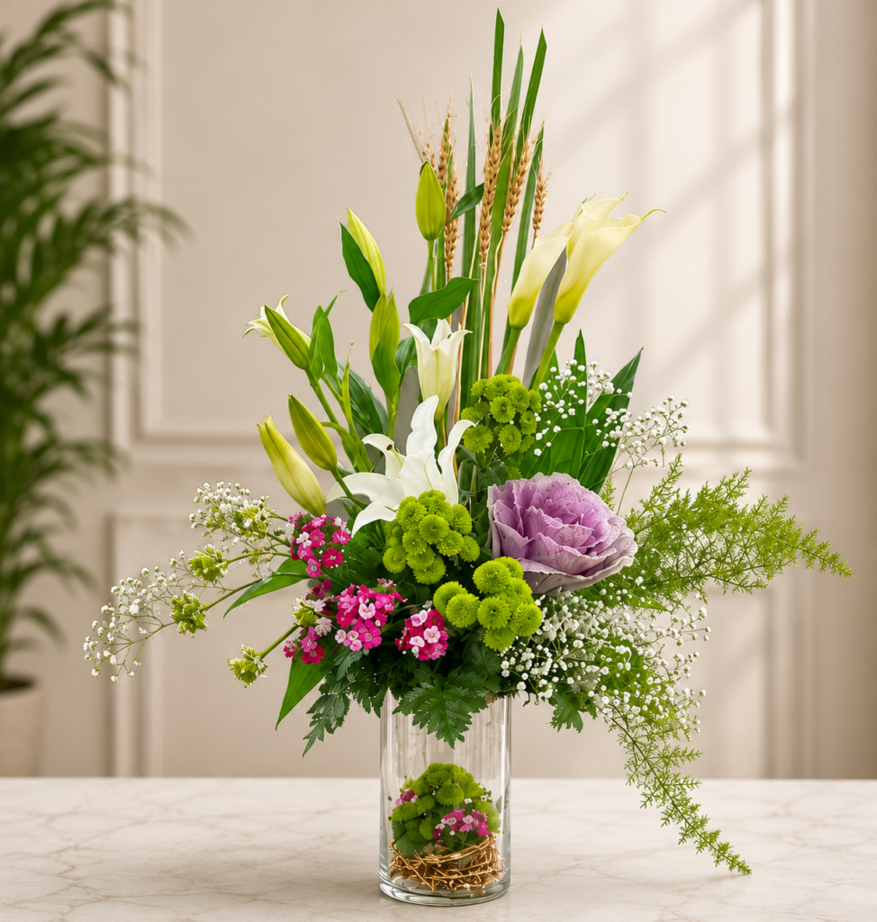 fresh flower arrangement featuring white lilies, calla lilies, ornamental cabbage, green button chrysanthemums, pink dianthus flowers, baby's breath, wheat stems, and lush greenery in a tall clear glass vase.