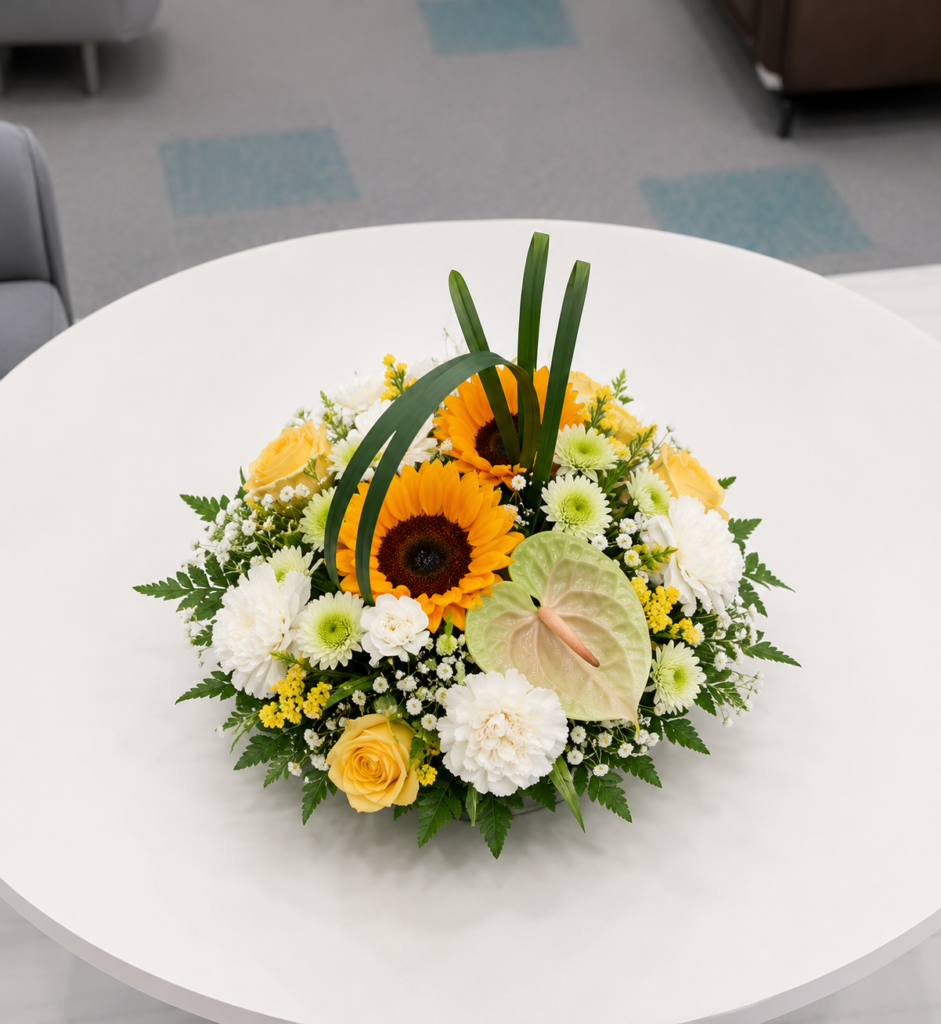 Sunflower floral table centerpiece with yellow roses, white carnations, chrysanthemums, anthurium, and fresh greenery arranged in a low glass bowl on a round table