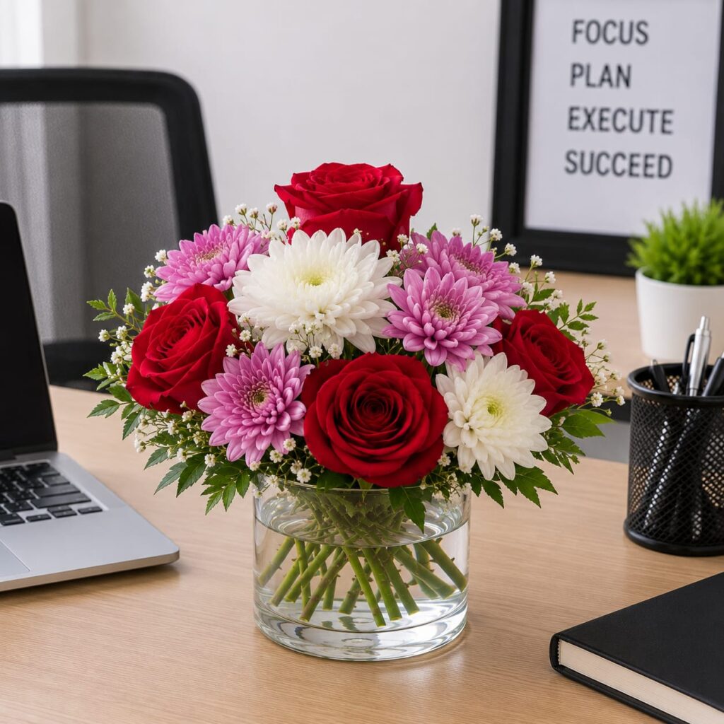 Office desk flower arrangement with pink, white, and red in a glass vase