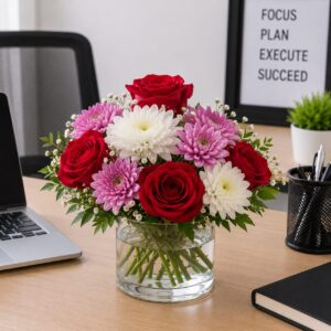 Office desk flower arrangement with pink, white, and red in a glass vase