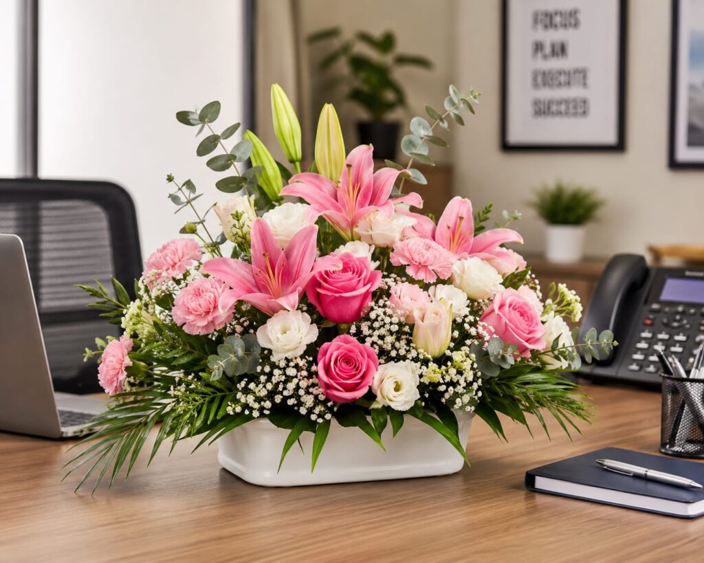 Office desk flower arrangement with pink rose, pink lily, white rose, and carnation in a ceramic vase