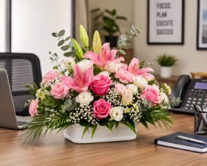 Office desk flower arrangement with pink rose, pink lily, white rose, and carnation in a ceramic vase