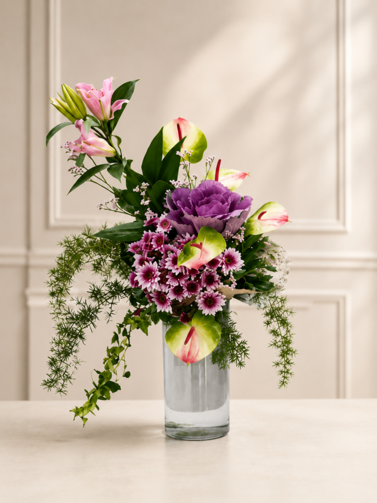 Fresh floral arrangement featuring pink lilies, pink anthuriums, ornamental cabbage, purple chrysanthemums, cascading greenery, and seasonal foliage arranged in a tall clear glass vase.L