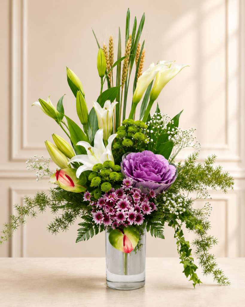 Fresh floral arrangement featuring pink lilies, pink anthuriums, ornamental cabbage, purple chrysanthemums, cascading greenery, and seasonal foliage arranged in a tall clear glass R vase.