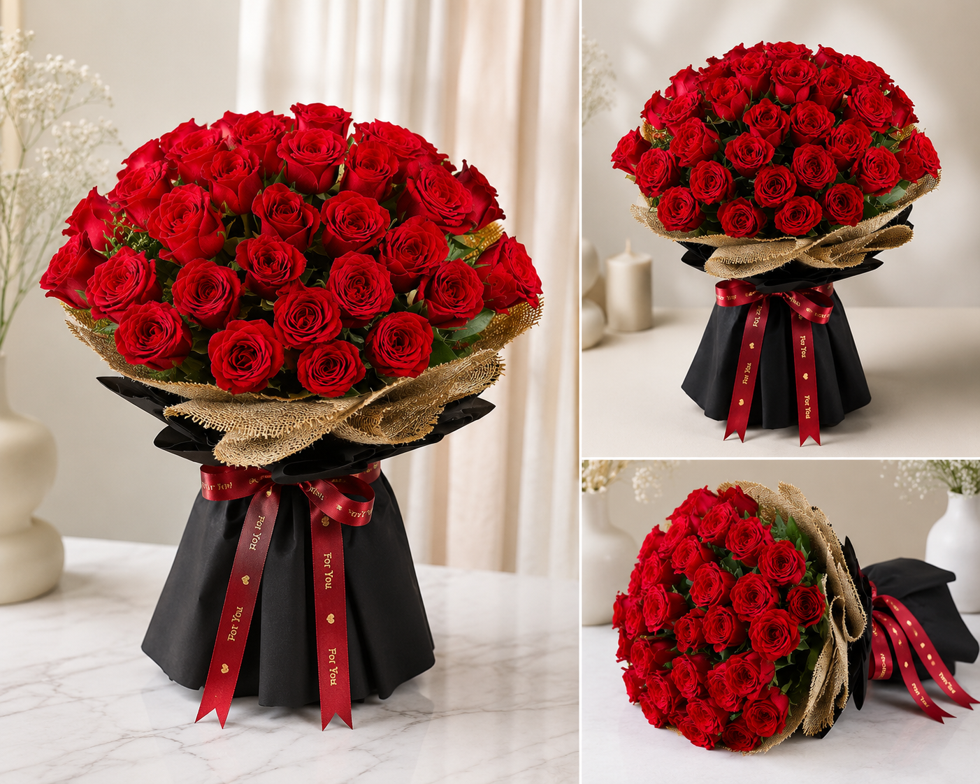 Premium fresh red roses bouquet with elegant black wrapping, burlap finish, and satin ribbon for romantic occasions in Mumbai