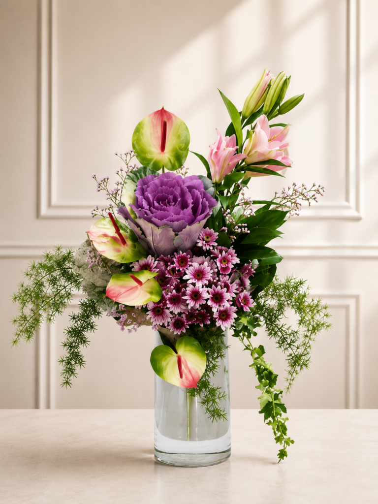 Pink Lily Anthurium Floral Arrangement in glass vase