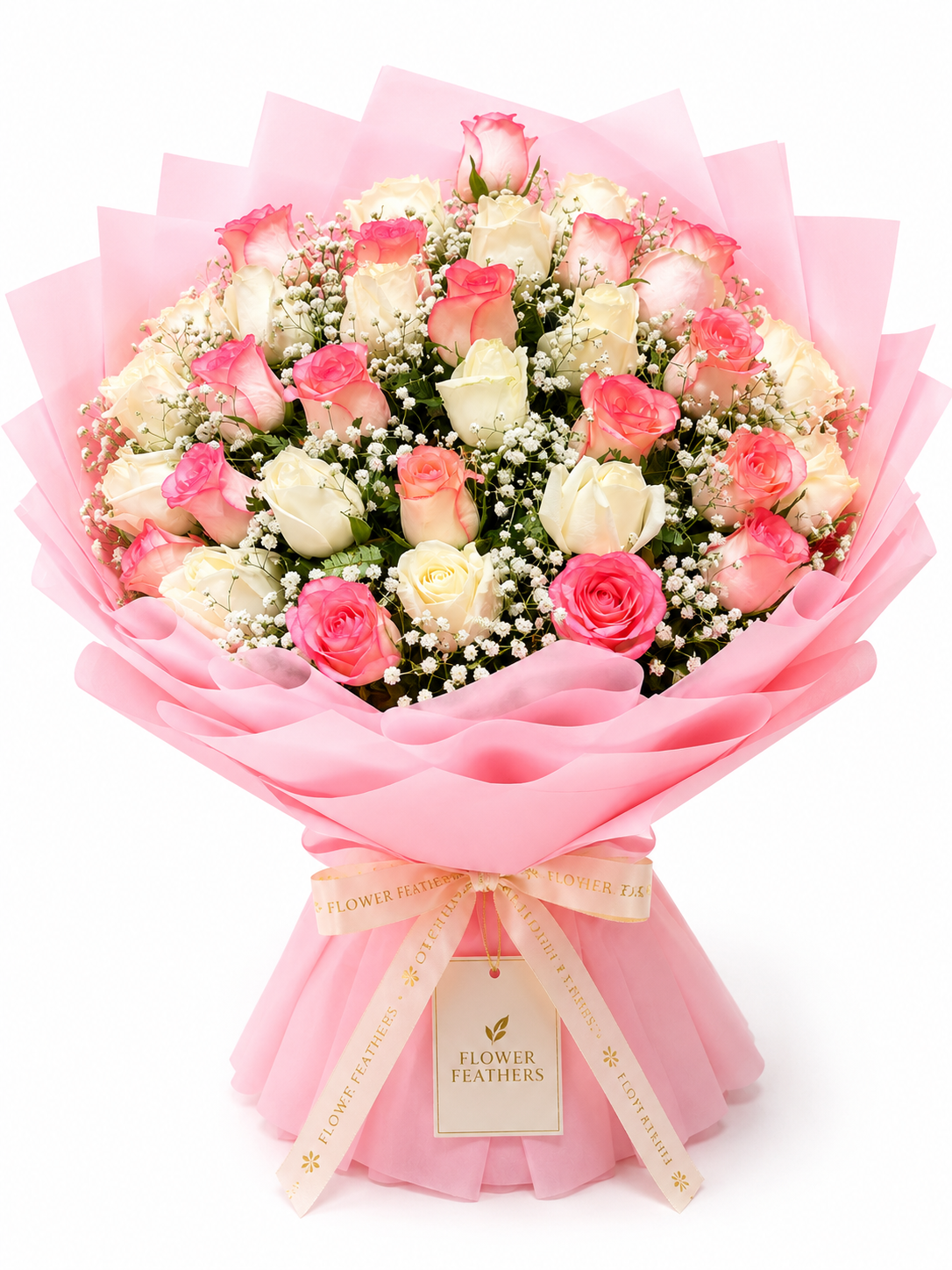 Elegant bouquet of 20 Jumilia pink roses, 20 white roses, and white gypsophila wrapped in premium pink paper by FlowerFeathers Mumbai.