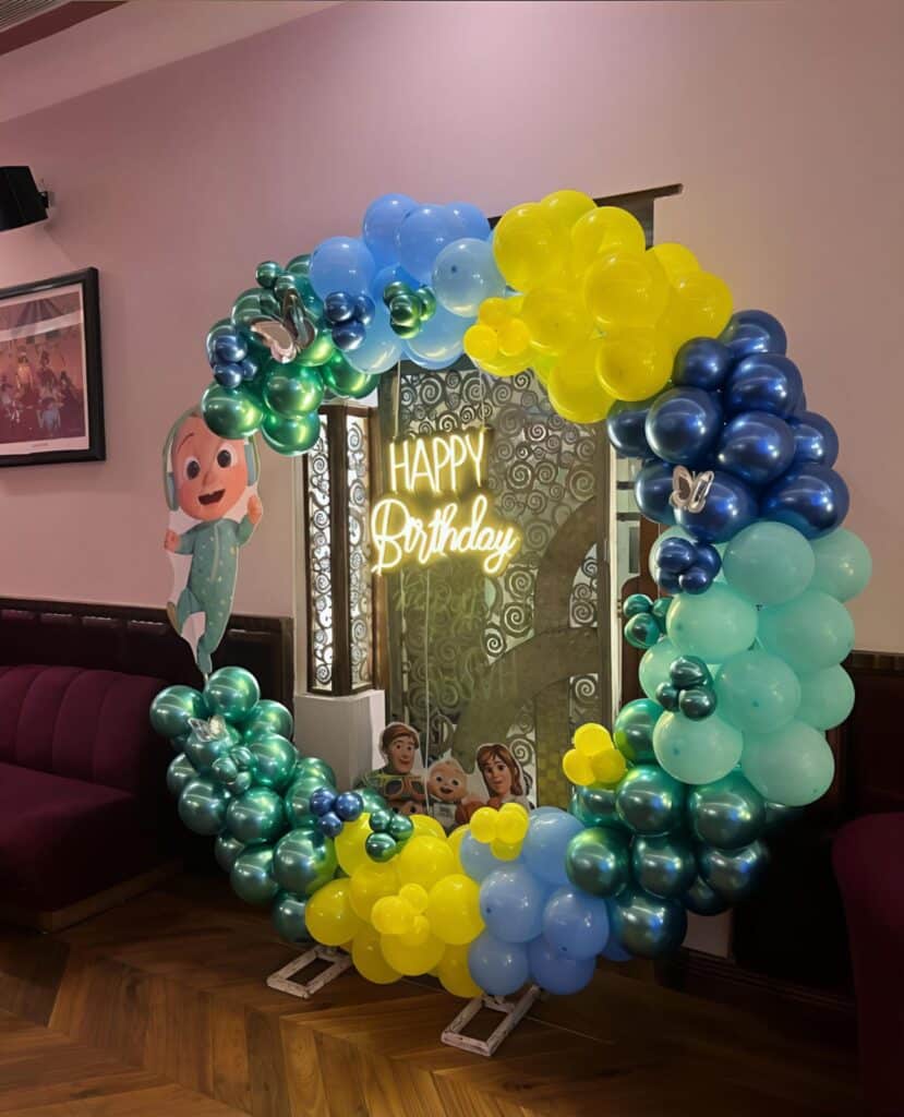 Happy Birthday balloon decoration with blue, yellow and teal balloons and themed character cutouts